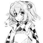  1girl apron bell bust character_name clothes_writing hair_bell hair_ornament japanese_clothes monochrome motoori_kosuzu smile touhou tsuji_kazuo twintails wide_sleeves 
