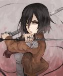  1girl black_eyes black_hair dual_wielding jacket jonasan mikasa_ackerman scarf shingeki_no_kyojin short_hair solo sword weapon 