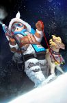  1girl alternate_costume animalization dog dog_walking dutch_angle from_below goggles gun highres junkrat_(overwatch) leash mei_(overwatch) overwatch pimo_(pinkmojitodiary) snowing weapon yeti_hunter_mei 