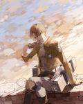  1boy ascot belt boots brown_hair crossed_legs highres jacket muted_color nine_(liuyuhao1992) rivaille shingeki_no_kyojin sitting sky solo thigh_strap 