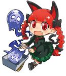  1girl animal_ears braid cat_ears cat_tail chibi dress extra_ears fang ghost hair_ribbon hitsuji_bako kaenbyou_rin multiple_tails pointy_ears red_eyes redhead ribbon running solo tail touhou twin_braids twintails wheelbarrow 