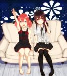  2girls 96tuki :d adjusting_hair arm_up barefoot black_hair blouse blue_eyes collar couch dress feet floral_background frilled_dress frills hair_bobbles hair_ornament hair_ribbon multiple_girls open_mouth original pink_hair ribbon sitting skirt smile thigh-highs violet_eyes zettai_ryouiki 