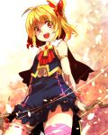  1girl alternate_costume ascot blonde_hair cape cross dress hair_ornament hair_ribbon highres magical_girl mismatched_legwear open_mouth red_eyes ribbon rumia shirane_koitsu short_hair single_thighhigh sleeveless smile solo staff thigh-highs touhou wrist_cuffs 