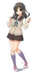 1girl black_hair blush bracelet camera character_request copyright_request green_eyes hair_bobbles hair_ornament jewelry kneehighs long_hair mizuki_gyokuran school_uniform shoes simple_background skirt smile sneakers solo sweater_vest tagme twintails vest white_background 