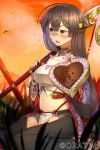  1girl bandages black_hair blush grass hair_ornament heart highres kneeling long_hair looking_away midriff momohime_ryouran!_sengoku_asuka mossari_poteto navel open_mouth polearm red_eyes sky solo spear thigh-highs weapon 