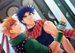  2boys black_hair blonde_hair blue_eyes blue_hair bubble caesar_anthonio_zeppeli dutch_angle facial_mark feathers fingerless_gloves gloves green_eyes green_jacket headband ito_koi jacket jojo_no_kimyou_na_bouken joseph_joestar_(young) midriff multiple_boys scarf 