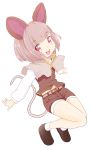  1girl alternate_costume alternate_hairstyle animal_ears blush bob_cut grey_hair highres ishikkoro looking_at_viewer mouse_ears mouse_tail nazrin open_mouth outstretched_arms red_eyes short_hair shorts smile solo spread_arms tail touhou 