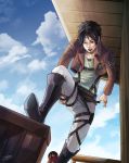  1boy 1girl adjusting_clothes belt blue_sky boots clouds dutch_angle eren_jaeger fenixsu jacket mikasa_ackerman scarf shingeki_no_kyojin sky thigh_strap 