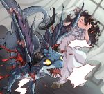  1girl black_hair blood blush character_request closed_eyes curtains dragon dutch_angle fang holding_head injury long_hair slippers solo sword_girls tears tongue wavy_hair window wings wooni 