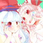  2girls blue_hair bow fujiwara_no_mokou hair_bow hands_on_own_face hat kamishirasawa_keine komaku_juushoku long_hair multiple_girls open_mouth red_eyes ribbon silver_hair smile star touhou 