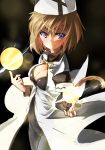  1girl black_background blush bodysuit bow breasts brown_hair bygddd5 cat_tail cleavage cleavage_cutout energy_ball female hat highres large_breasts linith lyrical_nanoha mahou_shoujo_lyrical_nanoha short_hair solo tail violet_eyes 