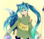  1girl animal_ears aqua_eyes aqua_hair detached_sleeves fox_ears fox_tail hatsune_miku highres japanese_clothes long_hair nekokitsune0905 solo tail thigh-highs twintails very_long_hair vocaloid 