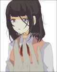  bangs black_hair bow brown_eyes ears fingers hands messy_hair misao misao_(misao) open_mouth reaching school_uniform shinkaisakana simple_background tears translation_request white_background 