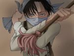  1boy black_hair brown_eyes face_mask fighting_stance head_scarf kanashikipiero mask mop parody rivaille shingeki_no_kyojin solo towel yellow_eyes 