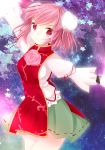  1girl ajiriko blouse bracelet breasts double_bun flower highres ibaraki_kasen jewelry long_sleeves looking_at_viewer outstretched_arms pink_eyes pink_hair pink_rose puffy_sleeves rose short_hair skirt sky smile solo spread_arms star star_(sky) starry_sky tabard touhou 