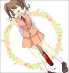 1girl aki_(misao) bat blood blush bow brown_hair closed_eyes flower hair_bow hair_ornament miniskirt misao pink_miniskirt school_uniform shinkaisakana shoes simple_background smile socks solo twintails weapon white_background