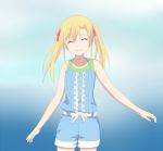  1girl blonde_hair bow closed_eyes long_hair natsukawa_mana ore_no_kanojo_to_osananajimi_ga_shuraba_sugiru ribbon shorts simple_background smile twintails 