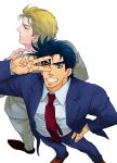  2boys black_hair blonde_hair blue_eyes caesar_anthonio_zeppeli facial_mark formal from_above gkgk13 grin highres jojo_no_kimyou_na_bouken joseph_joestar_(young) multiple_boys necktie smile suit v 