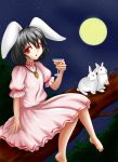  1girl :o animal_ears barefoot black_hair branch carrot cocktail_glass dress erodiumu_kurisantsumu full_moon inaba_tewi jewelry looking_at_viewer moon pendant puffy_short_sleeves puffy_sleeves rabbit rabbit_ears red_eyes short_hair short_sleeves sitting sky solo star_(sky) starry_sky touhou 