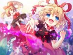  &gt;_&lt; 1girl amo blonde_hair bloomers blue_eyes blush bow dress flower hair_bow hair_ribbon hat highres lily_of_the_valley medicine_melancholy outstretched_arm outstretched_arms ribbon short_hair smile solo su-san touhou underwear wings 