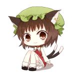  1girl animal_ears brown_hair cat_ears cat_tail chen chibi earrings hat honotai jewelry looking_at_viewer short_hair smile solo tail touhou white_background 