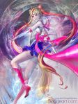  1girl bishoujo_senshi_sailor_moon blonde_hair boots double_bun elbow_gloves foreshortening gloves high_heels highres long_hair magical_girl red_boots ribbon rough sailor_moon seage shoes skirt solo standing_on_one_leg tsukino_usagi twintails very_long_hair watermark web_address 