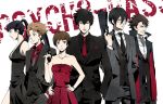  2girls 4boys bare_shoulders black_dress black_hair bob_cut brown_eyes brown_hair cigar dress everyone formal ginoza_nobuchika glasses gun hair_ornament hairclip hand_in_pocket hand_on_hip hands_in_pockets jewelry kagari_shuusei kougami_shin&#039;ya kunizuka_yayoi long_hair masaoka_tomomi multiple_boys multiple_girls necklace necktie ponytail psycho-pass raibura red_dress short_hair suit tsunemori_akane weapon 