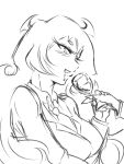  1girl blush breasts cup drooling eyelashes highres holding_hands horns ingenmame large_breasts long_hair monochrome necktie panty_&amp;_stocking_with_garterbelt scanty_(psg) sketch solo wine_glass 
