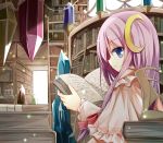  1girl blue_eyes book capelet chair crescent crystal hair_ornament ladder library long_hair patchouli_knowledge purple_hair solo touhou yuuhagi_(amaretto-no-natsu) 