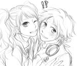  !? 1boy 1girl aa_rin atlus blush couple cute earrings gakuran greyscale grin hanamura_yousuke headphones hug jewelry kujikawa_rise long_hair love megami_tensei monochrome persona persona_4 school_uniform sketch smile sweat twintails wink 