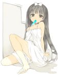 1girl arm_support bare_shoulders barefoot black_eyes black_hair bow dress hair_bow kurasuke leaning_back long_hair looking_at_viewer mouth_hold popsicle sitting solo sweat very_long_hair white_dress 