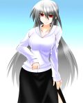  1girl breasts engo_(aquawatery) gradient gradient_background hand_on_thigh large_breasts light_smile long_hair long_sleeves lyrical_nanoha mahou_shoujo_lyrical_nanoha mahou_shoujo_lyrical_nanoha_a&#039;s red_eyes reinforce silver_hair skirt solo sweater very_long_hair 