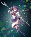  1girl bishoujo_senshi_sailor_moon black_hair blue_background blue_eyes boots choker clothed_navel cross-laced_footwear earrings elbow_gloves gloves jewelry lace-up_boots magical_girl pleated_skirt polearm sailor_collar sailor_saturn short_hair silence_glaive skirt solo sora_(pikasora) sparkle spear tiara tomoe_hotaru weapon white_gloves 