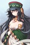  1girl arm_garter black_hair blue_eyes blush bracelet breasts cleavage hand_on_own_chest hat highres jewelry long_hair necklace solo sword_girls wooni 