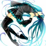  1girl aqua_hair boots closed_eyes detached_sleeves hatsune_miku long_hair necktie ringomonaka skirt solo thigh-highs thigh_boots twintails very_long_hair vocaloid white_background 