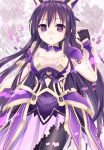 1girl armor armored_dress blush breasts date_a_live fingerless_gloves gloves ikeda_yuuki long_hair looking_at_viewer open_mouth purple_hair ribbon short_sleeves solo tagme thigh-highs very_long_hair violet_eyes yatogami_tooka 