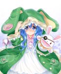  1girl animal_ears animal_hood blue_eyes blue_hair blush bow coat date_a_live eyepatch hand_puppet hood long_hair looking_at_viewer puppet rabbit rabbit_ears snowflakes solo stuffed_animal stuffed_bunny stuffed_toy tagme yoshino_(date_a_live) 