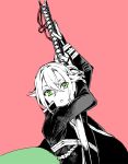  1boy :o androgynous cape green_eyes hotarumaru long_sleeves looking_at_viewer military military_uniform no_hat no_nose nodachi omu open_mouth pink_background short_hair simple_background solo spot_color sword touken_ranbu uniform weapon 