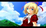  1girl blonde_hair blue_eyes blue_sky clouds dress hair_ribbon highres letterboxed looking_at_viewer medicine_melancholy mountain nekominase puffy_sleeves red_dress ribbon sash short_sleeves sky smile solo touhou 