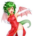 1girl armpits blush china_dress chinese_clothes draco_centauros dragon_girl dragon_tail dragon_wings elbow_gloves fang female gloves green_hair highres horns looking_at_viewer onsoku_maru open_mouth panties pointy_ears puyopuyo short_hair side-tie_panties simple_background solo tail thighhighs underwear white_background white_gloves white_legwear wings yellow_eyes 