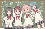  4girls ai_ai_gasa akemi_homura blue_eyes chalkboard derivative_work hairband juliet_sleeves kaname_madoka long_hair long_sleeves mahou_shoujo_madoka_magica miki_sayaka multiple_girls parody pink_hair pixiv_thumbnail ponytail puffy_sleeves red_eyes redhead sakura_kyouko school_uniform short_hair style_parody twintails violet_eyes yuru_yuri 