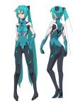  1girl aqua_eyes aqua_hair ass back breasts hair_ornament hatsune_miku highres long_hair neon_genesis_evangelion oonishi_shunsuke pigeon-toed plugsuit rebuild_of_evangelion simple_background smile solo twintails very_long_hair vocaloid white_background 