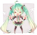  1girl ahoge chibi closed_eyes detached_sleeves double_v green_hair hatsune_miku long_hair necktie niwako open_mouth skirt solo thigh-highs twintails v very_long_hair vocaloid 