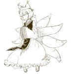  1girl fox_tail hands_in_sleeves kawashina_(momen_silicon) monochrome multiple_tails short_hair simple_background solo tail touhou white_background yakumo_ran 