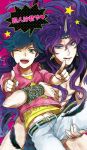  2boys :q blue_eyes blue_hair cars_(jojo) earrings feathers george_joestar_ii green_eyes jewelry jojo_no_kimyou_na_bouken long_hair multiple_boys pointing purple_hair sewenan tongue translation_request wink young 