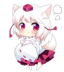  1girl :t angry animal_ears blush chibi detached_sleeves hat hat_ribbon inubashiri_momiji long_sleeves looking_at_viewer pout red_eyes ribbon shirt silver_hair simple_background skirt solo tail tokin_hat touhou white_background wide_sleeves wolf_ears wolf_tail yuika_(yurika712) 