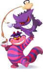  alice_in_wonderland cat cheshire_cat crossover cup gengar grin holding_up kuitsuku lifting no_humans paws pokemon pokemon_(creature) red_eyes shadow simple_background smile teacup teapot teeth transparent_background 