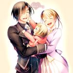  1boy 2girls black_hair blonde_hair carrying child elle_mel_martha family father_and_daughter flower houhou_(black_lack) lal_mel_martha ludger_will_kresnik mother_and_daughter multiple_girls rose spoilers tales_of_(series) tales_of_xillia tales_of_xillia_2 white_rose 