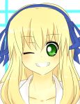  1girl blonde_hair green_eyes grin hair_ribbon katsuragi_(senran_kagura) long_hair ribbon rin senran_kagura smile wink 