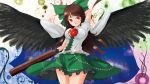  1girl :o arm_cannon black_wings blush bow breasts brown_hair cape feathered_wings hair_bow highres long_hair open_mouth puffy_short_sleeves puffy_sleeves red_eyes reiuji_utsuho ribbon short_sleeves skirt solo sora_(dankesehr) third_eye touhou weapon wings 